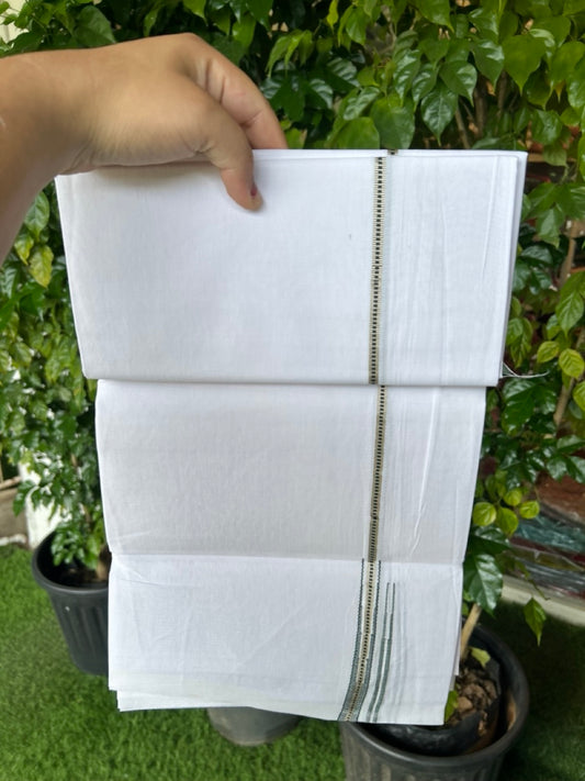 20% DISCOUNT!!  KaithariKada Balaramapuram 100% Cotton Single PURE WHITE  Mundu/Dhoti - 100x100 - 1 cm Puliyilakkara Muthukuri Silver Kasavu & Green Double Chutty Kara  (2 meter / 4 muzham) - 2KK5224 ASH