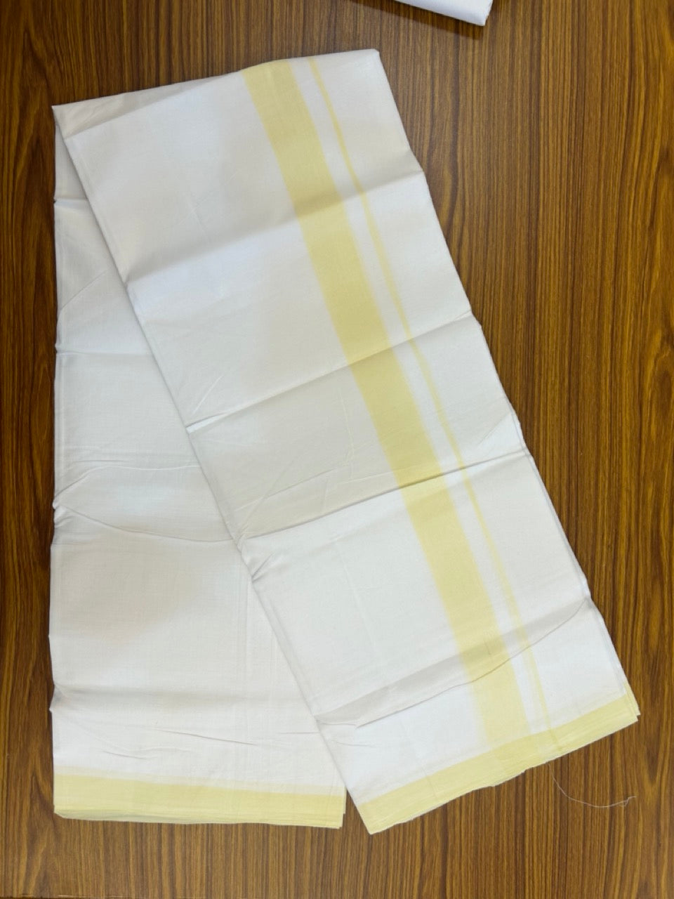 KaithariKada Handloom Millpaav Balaramapuram - 100% Pure Cotton Double Mundu/Dhoti Pure white - 80x90 - 1.5 inch Light Yellow Mulloth Kara 4 mtr (8.5 Muzham) - 6 KK5263 YAR