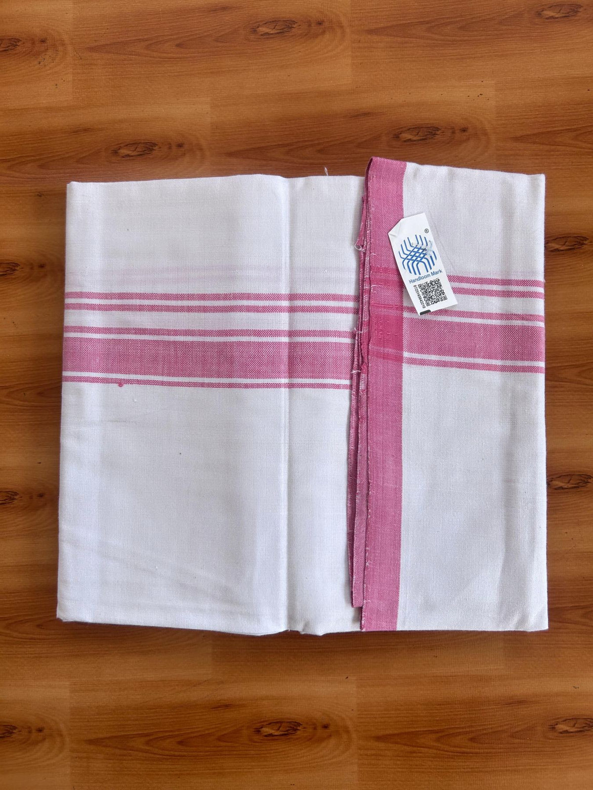 Kerala Handloom - Signature Kaitharikada - 100% Pure Cotton 2/40sx26s Thread - Light White Single Mundu / Dhoti - 1.25 inch Rose Pink Shaded Striped Kara - (2 meter / 4 muzham) - 24 KK8080 KAL