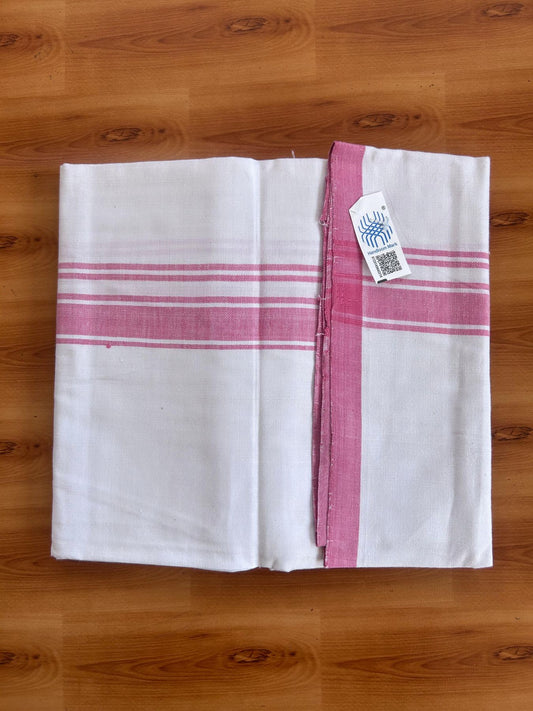 Kerala Handloom - Signature Kaitharikada - 100% Pure Cotton 2/40sx26s Thread - Light White Single Mundu / Dhoti - 1.25 inch Rose Pink Shaded Striped Kara - (2 meter / 4 muzham) - 24 KK8080 KAL