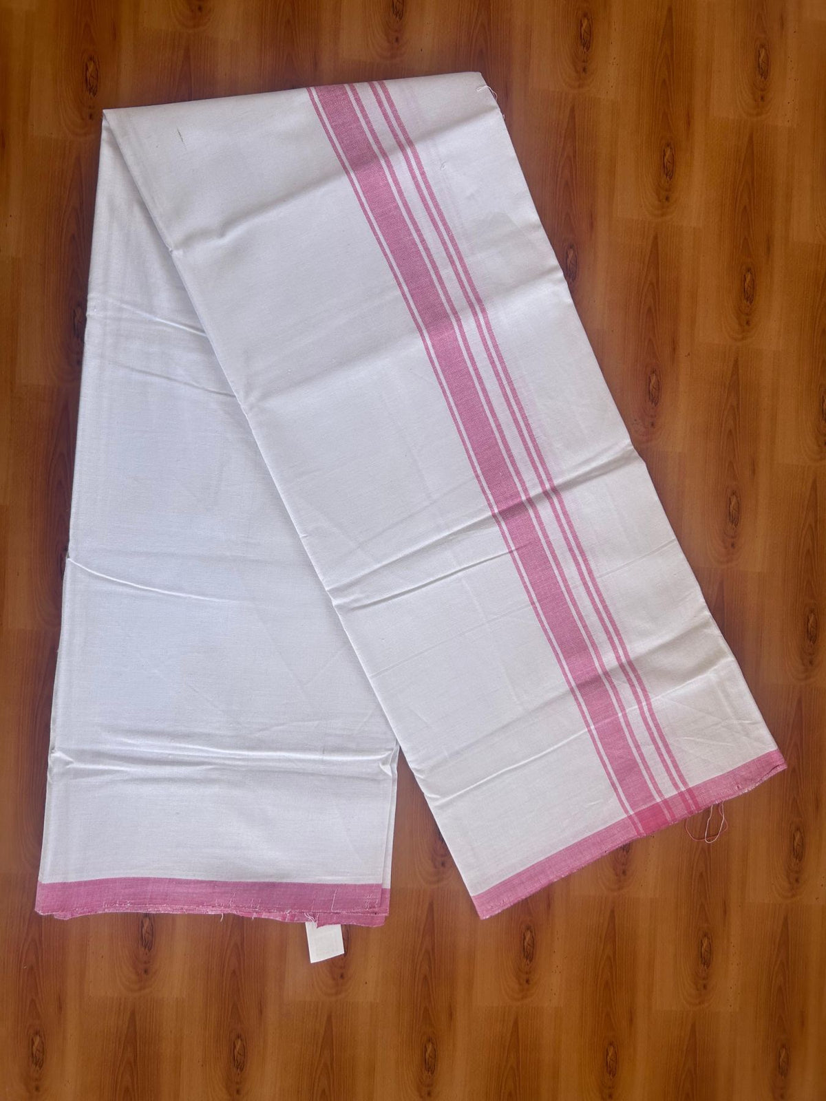Kerala Handloom - Signature Kaitharikada - 100% Pure Cotton 2/40sx26s Thread - Light White Single Mundu / Dhoti - 1.25 inch Rose Pink Shaded Striped Kara - (2 meter / 4 muzham) - 24 KK8080 KAL