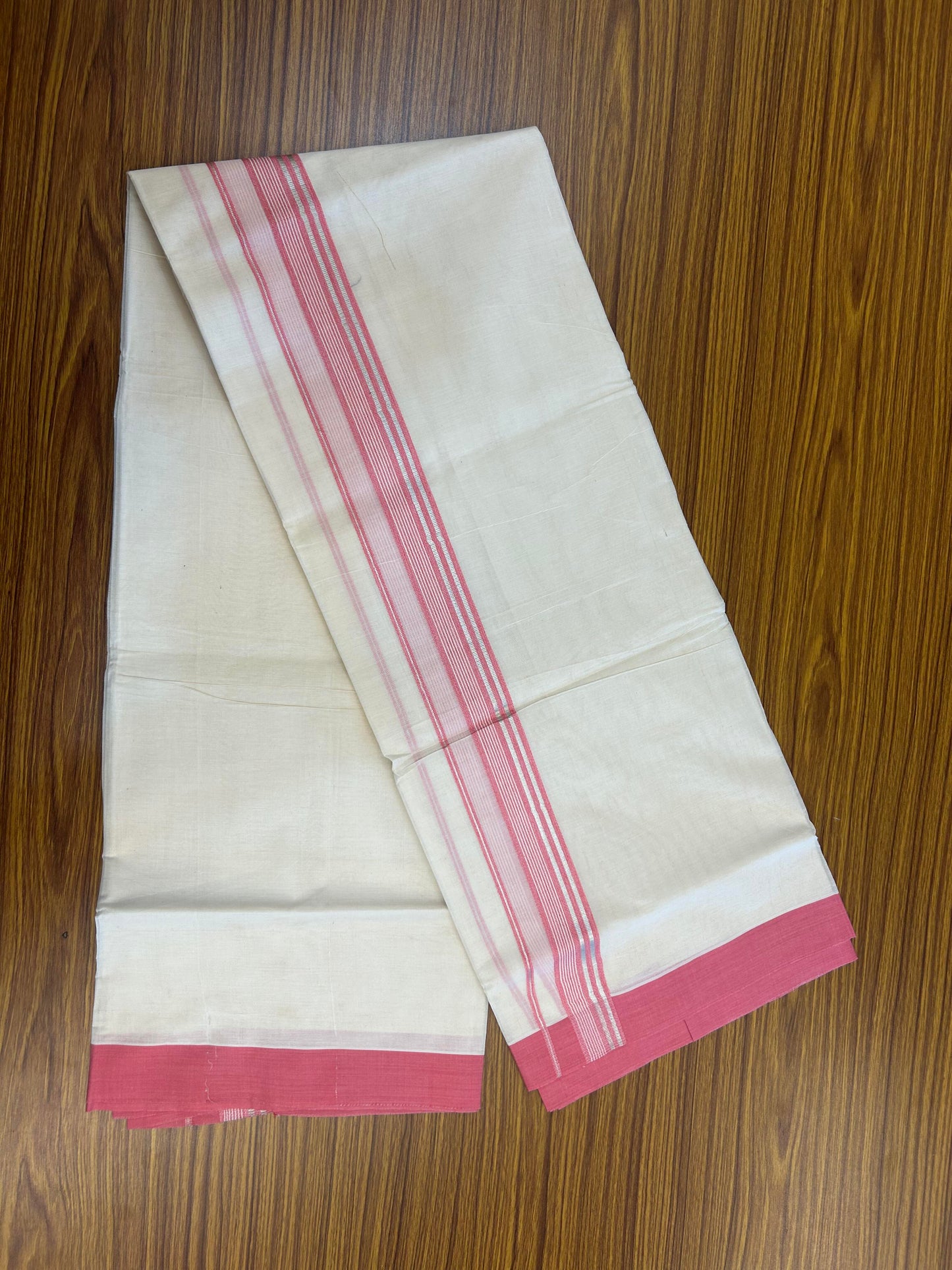 20% Discount ! KaithariKada Balaramapuram 100% Cotton Double Off White (unbleached) Mundu/Dhoti - 100x80 - 1.5 inch Silver Kasav & Pink Striped Kara 4 mtr (8.5 muzham) - 156 KK5361 PMC