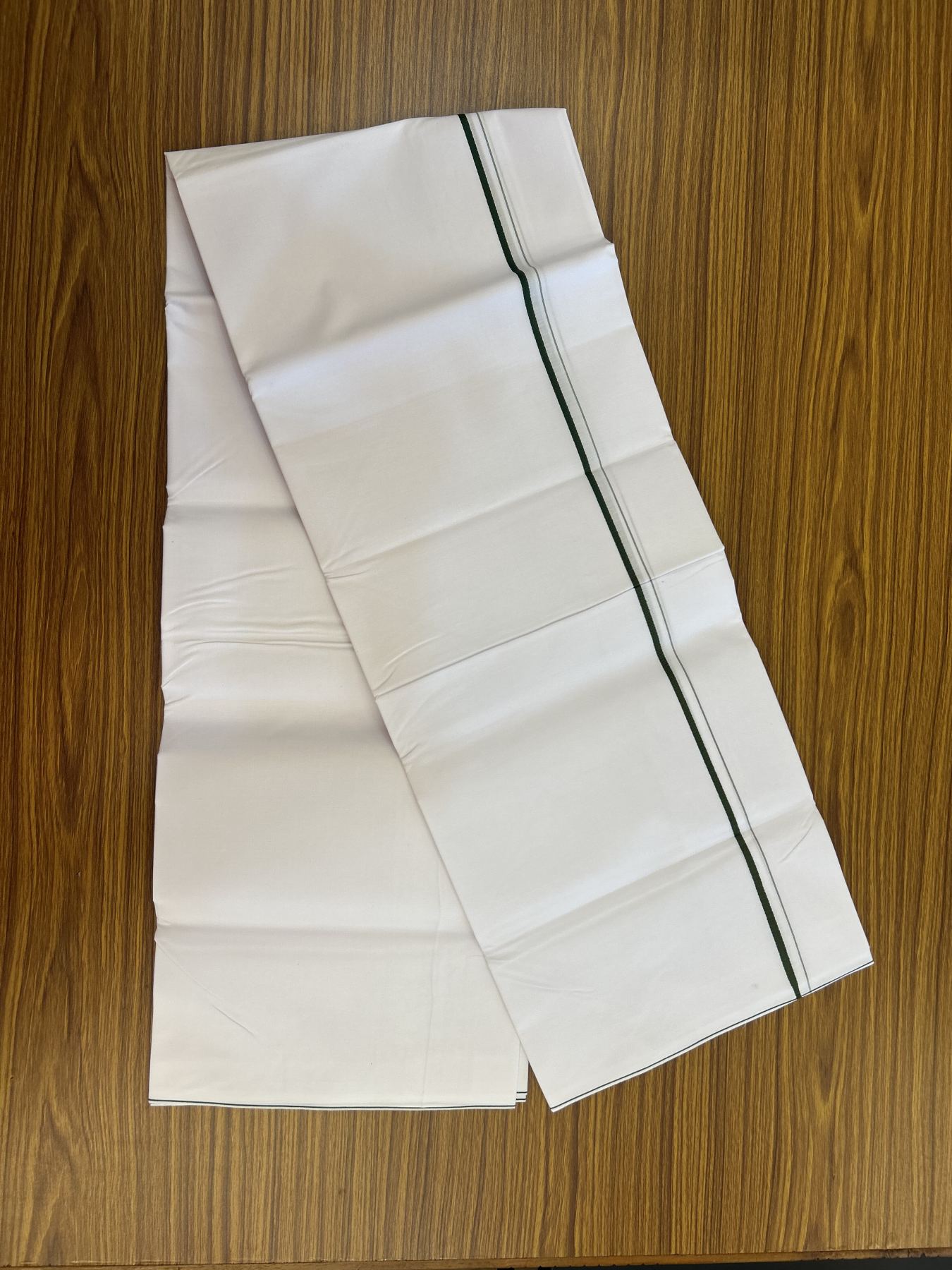 20% Discount !! KaithariKada Wrinkle Free Mercerised Cotton Pure White Single Mundu/Dhoti- (40s) - 0.25 cm Green Kara (2 meter / 4 muzham) - 25 KK5336 UAT