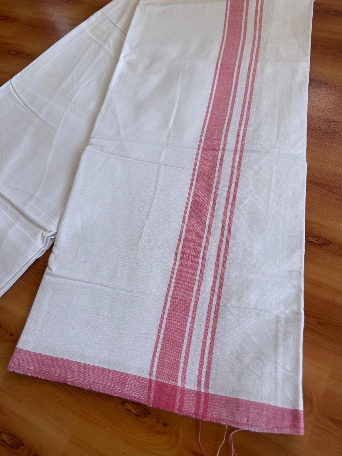 Kerala Handloom - Signature Kaitharikada - 100% Pure Cotton 2/40sx26s Thread - Light White Single Mundu / Dhoti - 1.25 inch Rose Pink Shaded Striped Kara - (2 meter / 4 muzham) - 24 KK8080 KAL