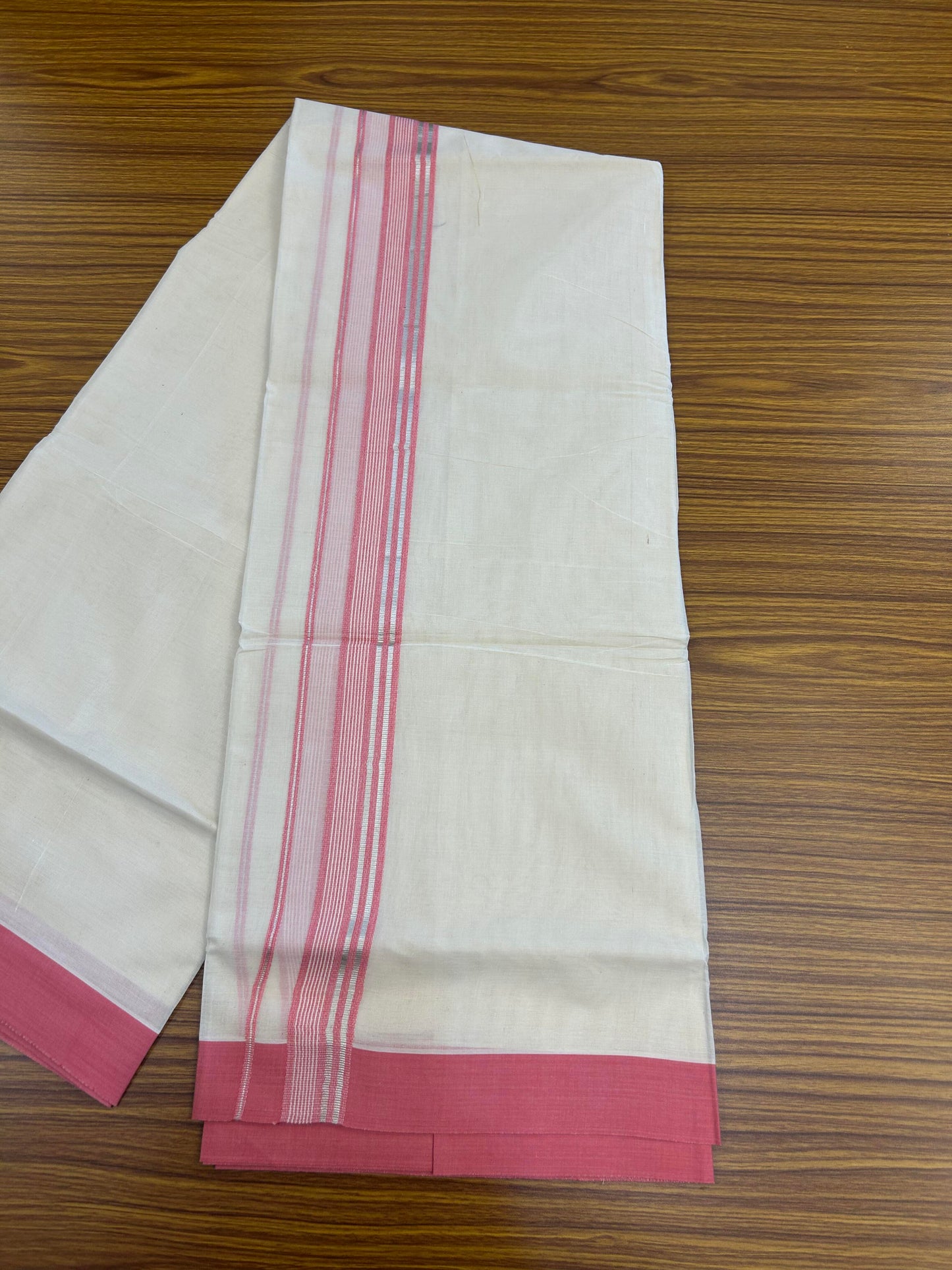 20% Discount ! KaithariKada Balaramapuram 100% Cotton Double Off White (unbleached) Mundu/Dhoti - 100x80 - 1.5 inch Silver Kasav & Pink Striped Kara 4 mtr (8.5 muzham) - 156 KK5361 PMC