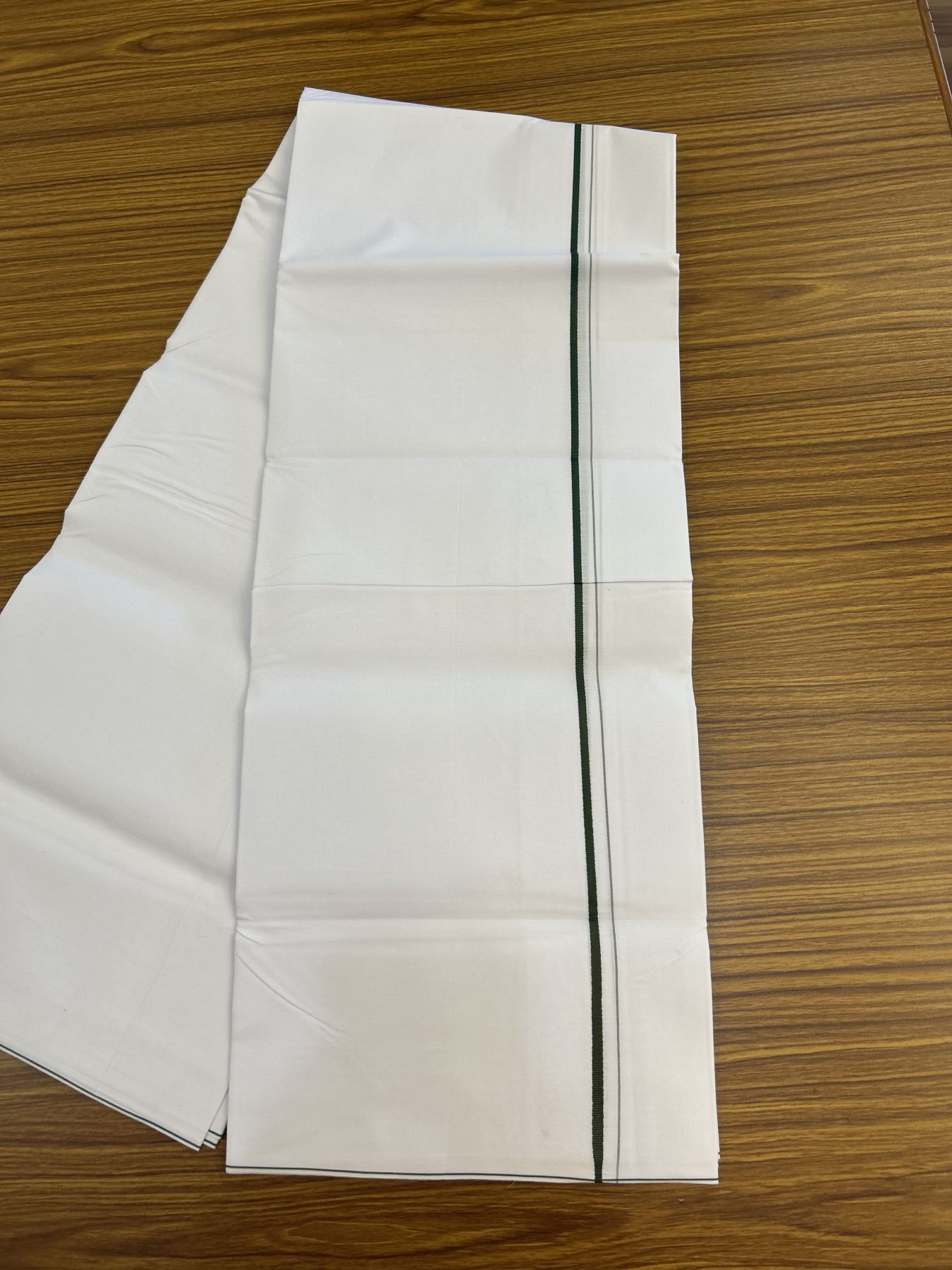 20% Discount !! KaithariKada Wrinkle Free Mercerised Cotton Pure White Single Mundu/Dhoti- (40s) - 0.25 cm Green Kara (2 meter / 4 muzham) - 25 KK5336 UAT