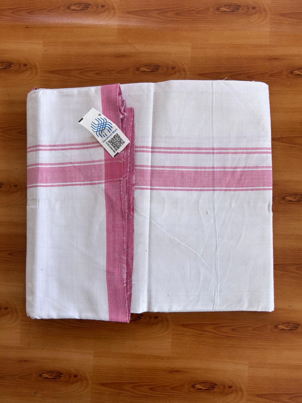 Kerala Handloom - Signature Kaitharikada - 100% Pure Cotton 2/40sx26s Thread - Light White Single Mundu / Dhoti - 1.25 inch Rose Pink Shaded Striped Kara - (2 meter / 4 muzham) - 25 KK8080 KAL