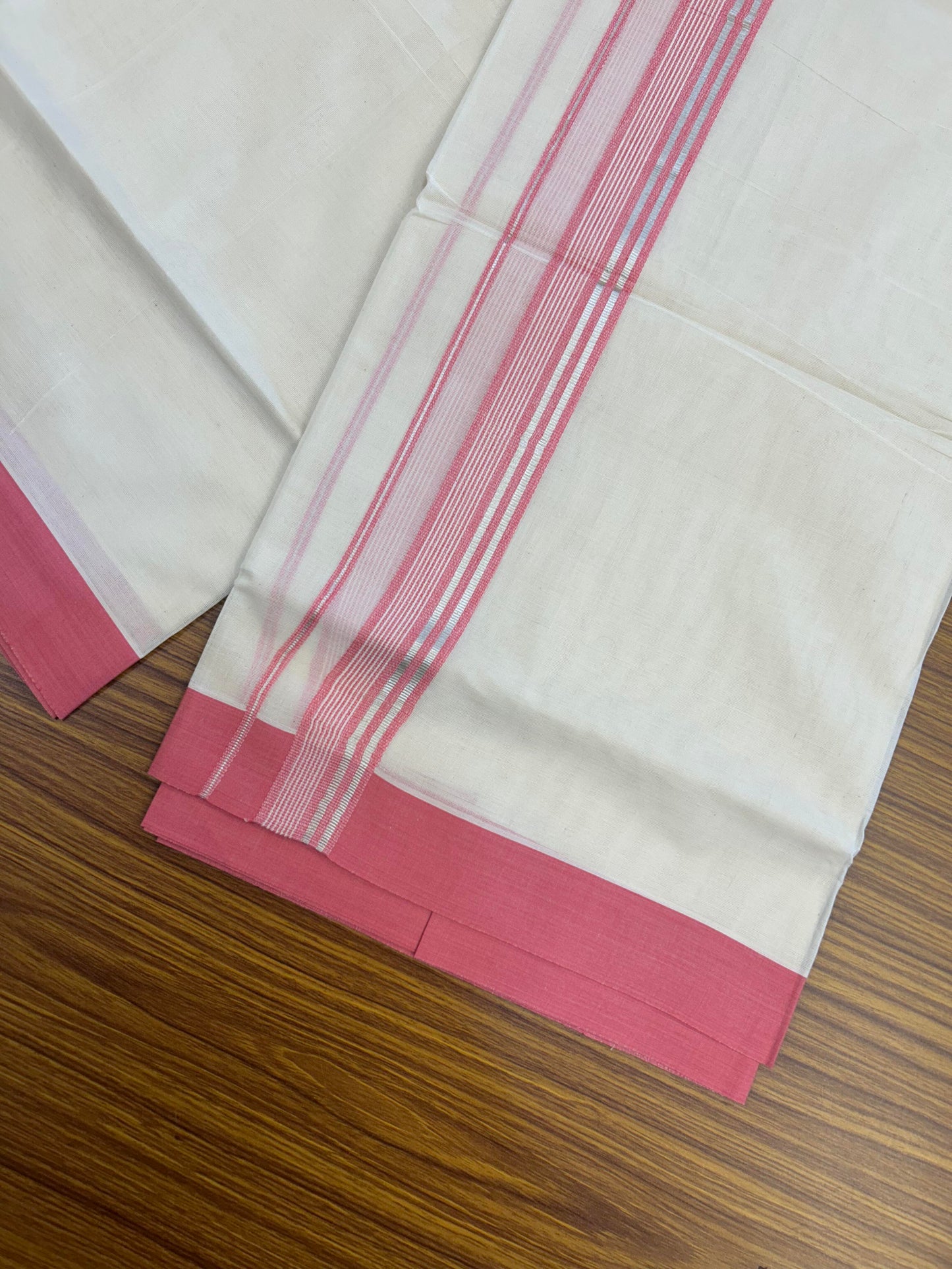 20% Discount ! KaithariKada Balaramapuram 100% Cotton Double Off White (unbleached) Mundu/Dhoti - 100x80 - 1.5 inch Silver Kasav & Pink Striped Kara 4 mtr (8.5 muzham) - 156 KK5361 PMC