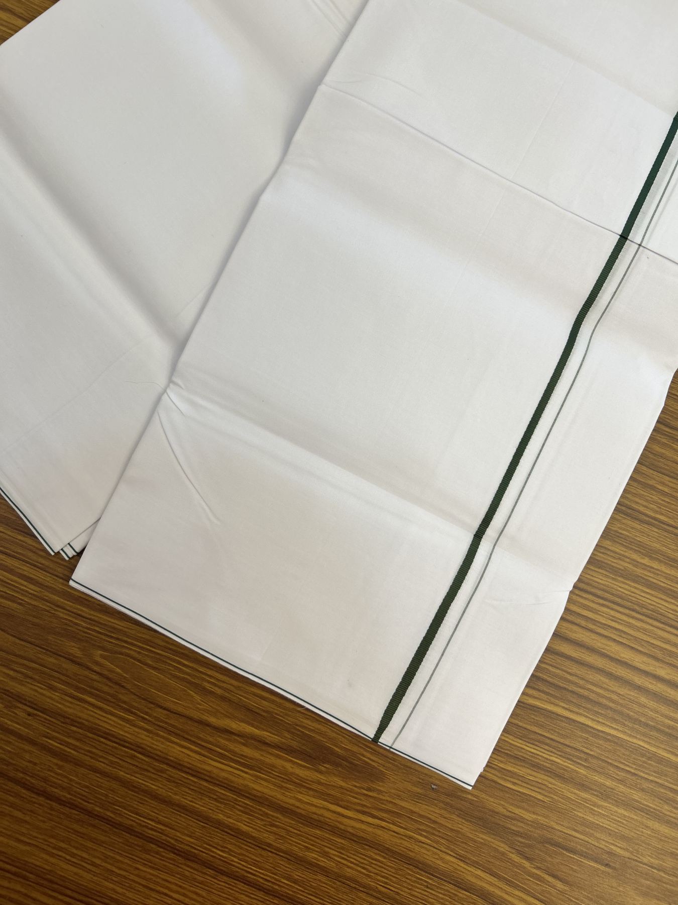 20% Discount !! KaithariKada Wrinkle Free Mercerised Cotton Pure White Single Mundu/Dhoti- (40s) - 0.25 cm Green Kara (2 meter / 4 muzham) - 25 KK5336 UAT