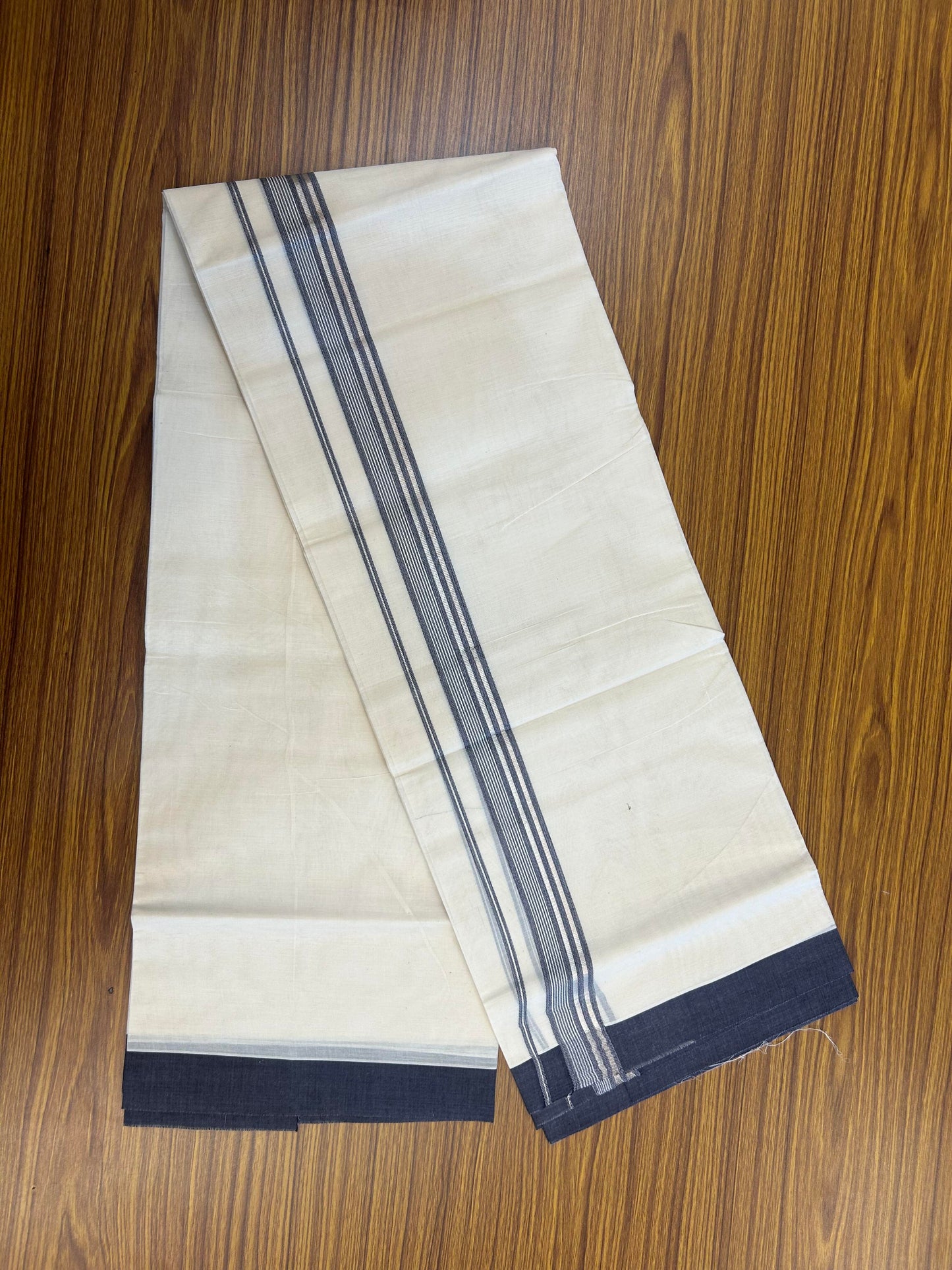 20% Discount ! KaithariKada Balaramapuram 100% Cotton Double Off White (unbleached) Mundu/Dhoti - 100x80 - 1.5 inch Silver Kasav & Navy Blue Striped Kara 4 mtr (8.5 muzham) - 154 KK5361 PMC