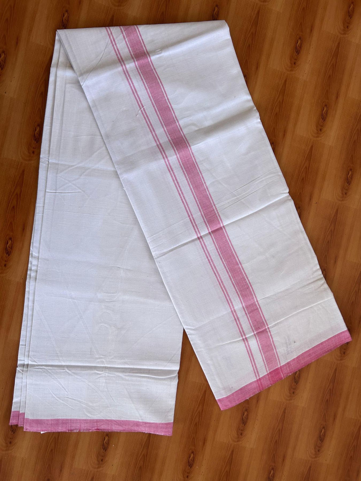 Kerala Handloom - Signature Kaitharikada - 100% Pure Cotton 2/40sx26s Thread - Light White Single Mundu / Dhoti - 1.25 inch Rose Pink Shaded Striped Kara - (2 meter / 4 muzham) - 25 KK8080 KAL