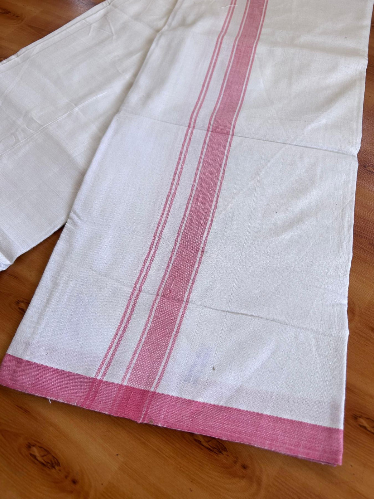 Kerala Handloom - Signature Kaitharikada - 100% Pure Cotton 2/40sx26s Thread - Light White Single Mundu / Dhoti - 1.25 inch Rose Pink Shaded Striped Kara - (2 meter / 4 muzham) - 25 KK8080 KAL