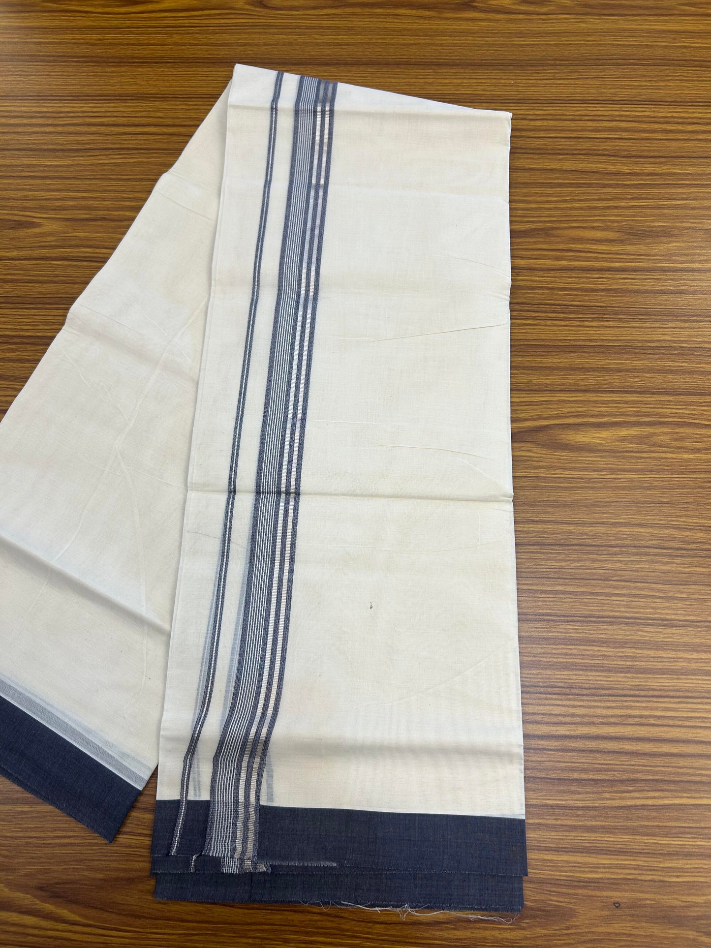 20% Discount ! KaithariKada Balaramapuram 100% Cotton Double Off White (unbleached) Mundu/Dhoti - 100x80 - 1.5 inch Silver Kasav & Navy Blue Striped Kara 4 mtr (8.5 muzham) - 154 KK5361 PMC