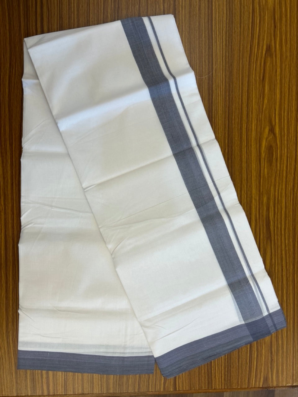 KaithariKada Handloom Millpaav Balaramapuram - 100% Pure Cotton Double Mundu/Dhoti Pure white - 80x90 - 1.5 inch Ash blue shaded striped Kara 4 mtr (8.5 Muzham) - 14 KK5263 YAR