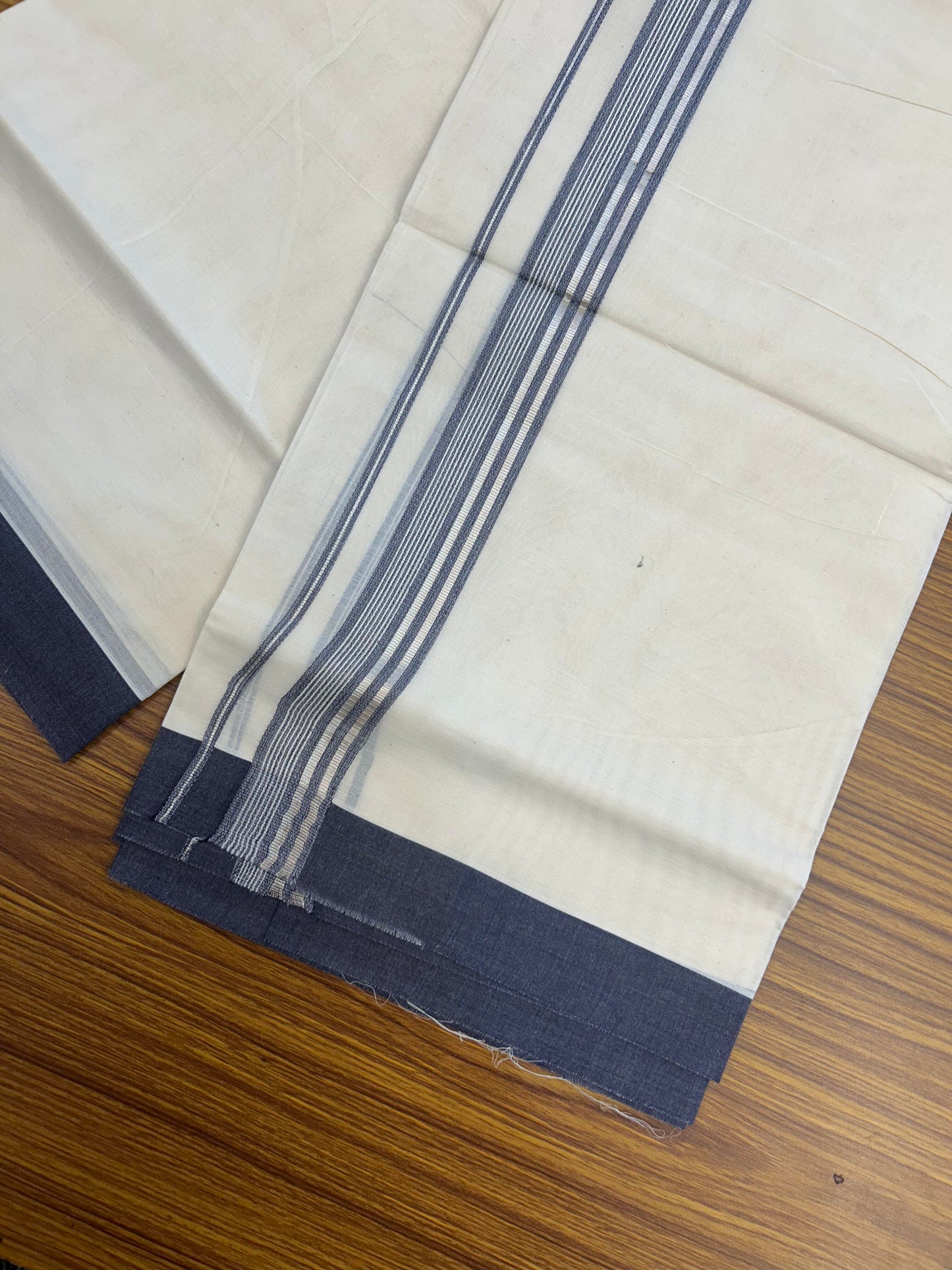 20% Discount ! KaithariKada Balaramapuram 100% Cotton Double Off White (unbleached) Mundu/Dhoti - 100x80 - 1.5 inch Silver Kasav & Navy Blue Striped Kara 4 mtr (8.5 muzham) - 154 KK5361 PMC