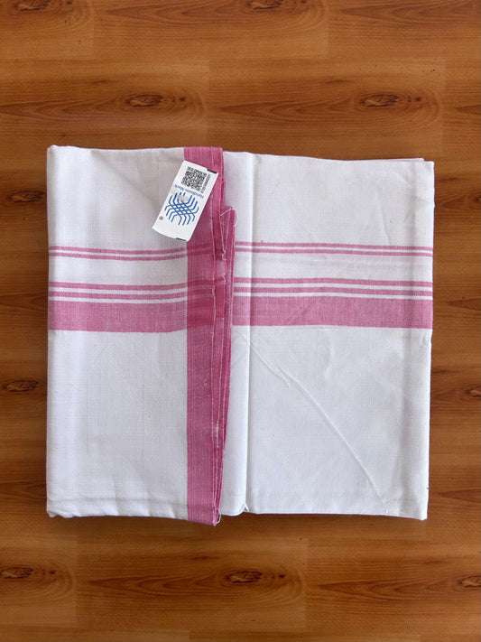 Kerala Handloom - Signature Kaitharikada - 100% Pure Cotton 2/40sx26s Thread - Light White Single Mundu / Dhoti - 1.25 inch Rose Pink Shaded Striped Kara - (2 meter / 4 muzham) - 26 KK8080 KAL