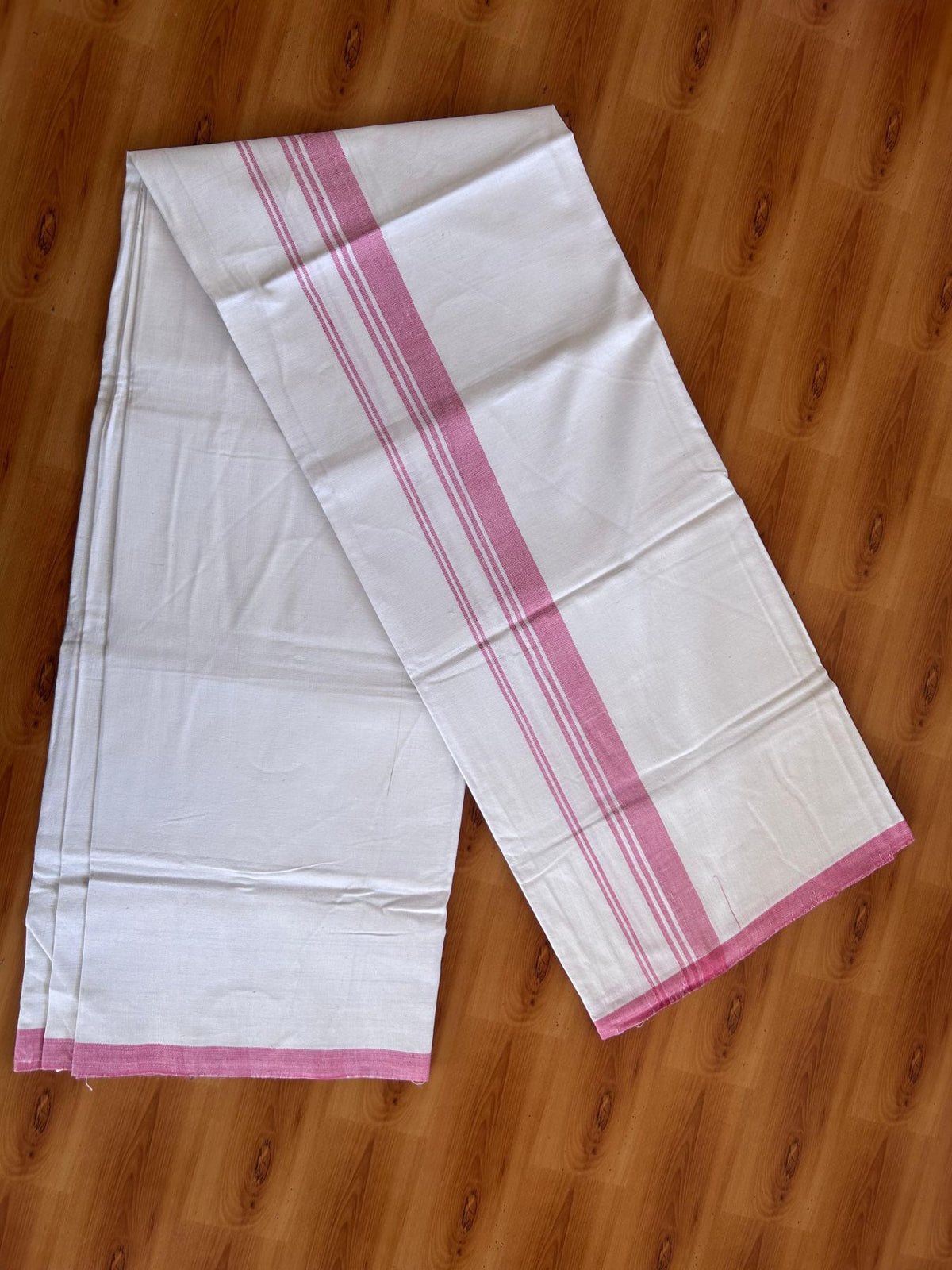 Kerala Handloom - Signature Kaitharikada - 100% Pure Cotton 2/40sx26s Thread - Light White Single Mundu / Dhoti - 1.25 inch Rose Pink Shaded Striped Kara - (2 meter / 4 muzham) - 26 KK8080 KAL