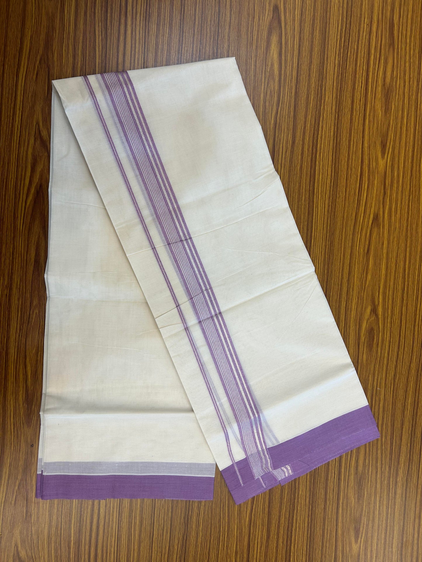 20% Discount ! KaithariKada Balaramapuram 100% Cotton Double Off White (unbleached) Mundu/Dhoti - 100x80 - 1.5 inch Silver Kasav & Pearly Lavender Striped Kara 4 mtr (8.5 muzham) - 148 KK5361 PMC