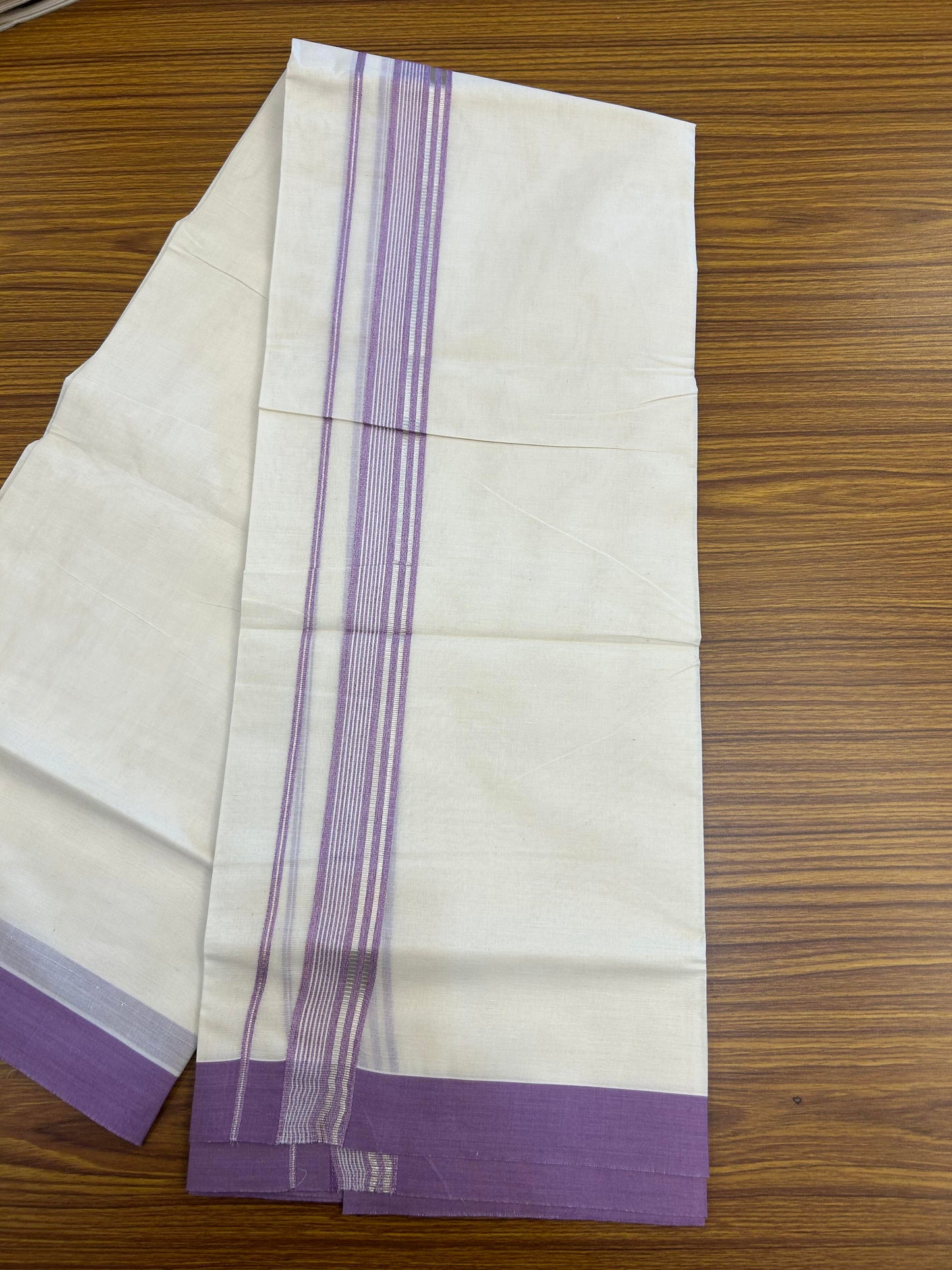 20% Discount ! KaithariKada Balaramapuram 100% Cotton Double Off White (unbleached) Mundu/Dhoti - 100x80 - 1.5 inch Silver Kasav & Pearly Lavender Striped Kara 4 mtr (8.5 muzham) - 148 KK5361 PMC