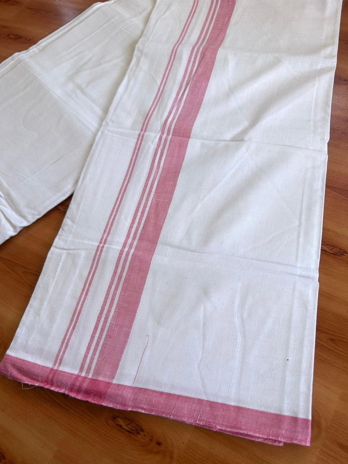 Kerala Handloom - Signature Kaitharikada - 100% Pure Cotton 2/40sx26s Thread - Light White Single Mundu / Dhoti - 1.25 inch Rose Pink Shaded Striped Kara - (2 meter / 4 muzham) - 26 KK8080 KAL