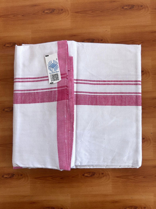 Kerala Handloom - Signature Kaitharikada - 100% Pure Cotton 2/40sx26s Thread - Light White Single Mundu / Dhoti - 1.25 inch Dark Rose Pink Shaded Striped Kara - (2 meter / 4 muzham) - 27 KK8080 KAL