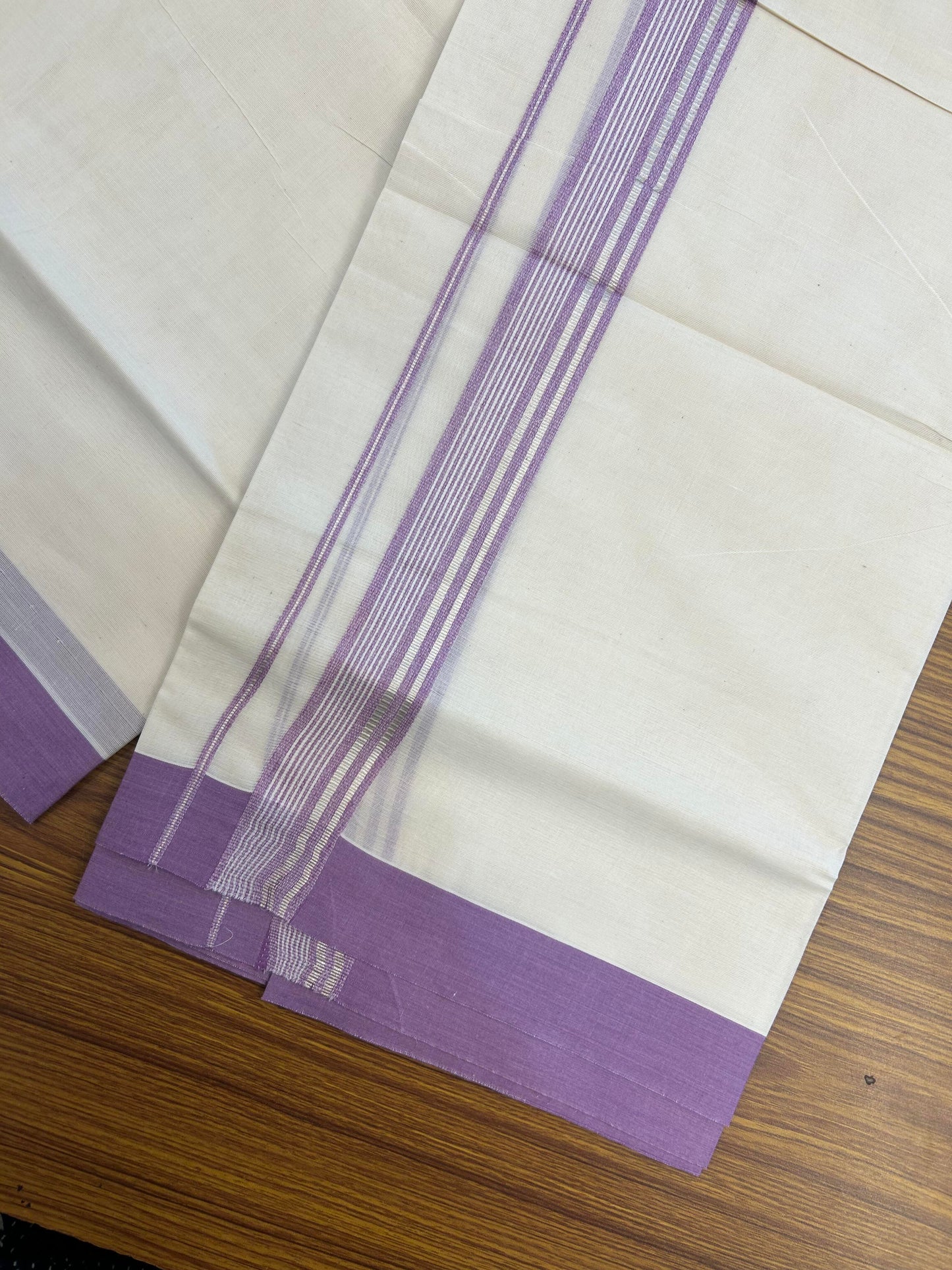 20% Discount ! KaithariKada Balaramapuram 100% Cotton Double Off White (unbleached) Mundu/Dhoti - 100x80 - 1.5 inch Silver Kasav & Pearly Lavender Striped Kara 4 mtr (8.5 muzham) - 148 KK5361 PMC