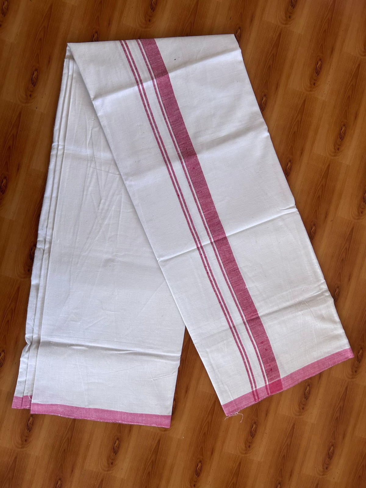 Kerala Handloom - Signature Kaitharikada - 100% Pure Cotton 2/40sx26s Thread - Light White Single Mundu / Dhoti - 1.25 inch Dark Rose Pink Shaded Striped Kara - (2 meter / 4 muzham) - 27 KK8080 KAL