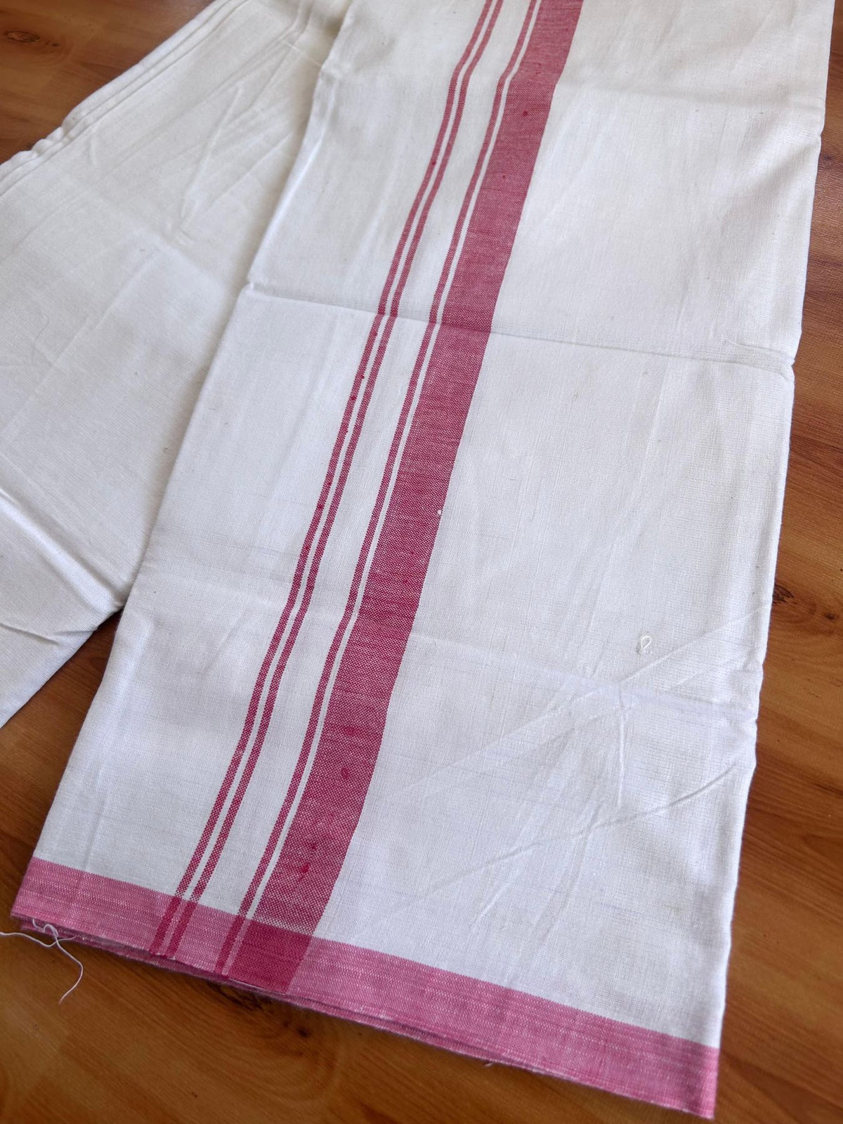 Kerala Handloom - Signature Kaitharikada - 100% Pure Cotton 2/40sx26s Thread - Light White Single Mundu / Dhoti - 1.25 inch Dark Rose Pink Shaded Striped Kara - (2 meter / 4 muzham) - 27 KK8080 KAL