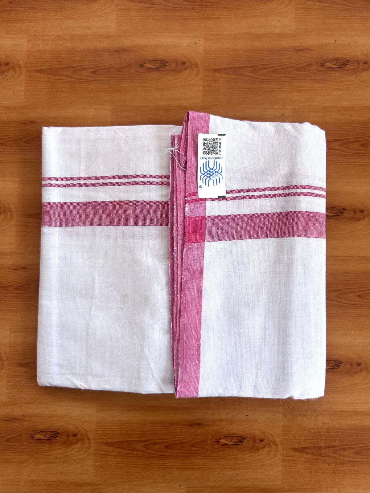 Kerala Handloom - Signature Kaitharikada - 100% Pure Cotton 2/40sx26s Thread - Light White Single Mundu / Dhoti - 1.25 inch Dark Rose Pink Shaded Striped Kara - (2 meter / 4 muzham) - 28 KK8080 KAL