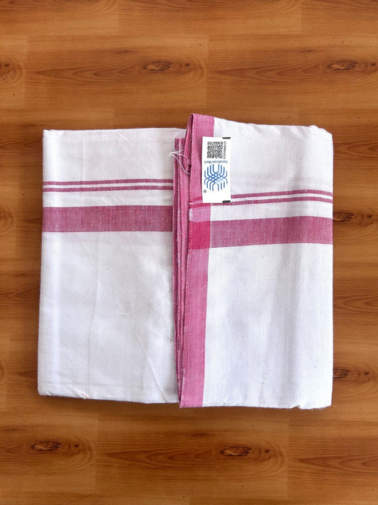 Kerala Handloom - Signature Kaitharikada - 100% Pure Cotton 2/40sx26s Thread - Light White Single Mundu / Dhoti - 1.25 inch Dark Rose Pink Shaded Striped Kara - (2 meter / 4 muzham) - 28 KK8080 KAL