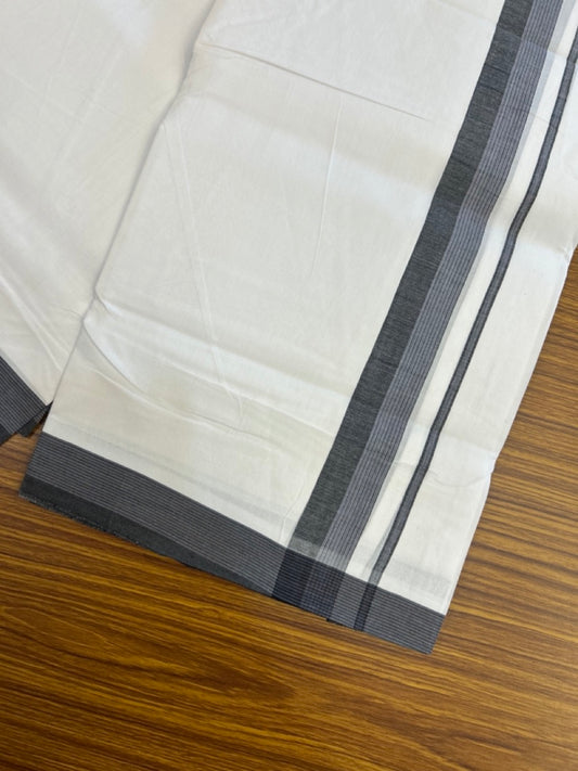 KaithariKada Handloom Millpaav Balaramapuram - 100% Pure Cotton Double Mundu/Dhoti Pure white - 80x90 - 1.5 inch Black & ash blue striped Kara 4 mtr (8.5 Muzham) - 10 KK5263 YAR