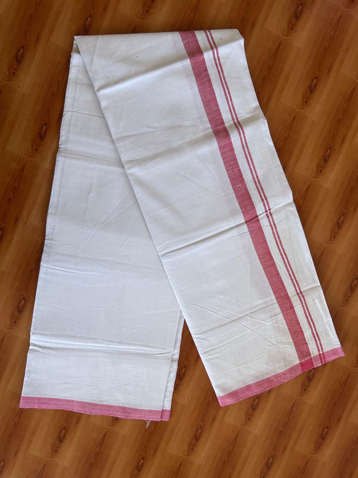 Kerala Handloom - Signature Kaitharikada - 100% Pure Cotton 2/40sx26s Thread - Light White Single Mundu / Dhoti - 1.25 inch Dark Rose Pink Shaded Striped Kara - (2 meter / 4 muzham) - 28 KK8080 KAL