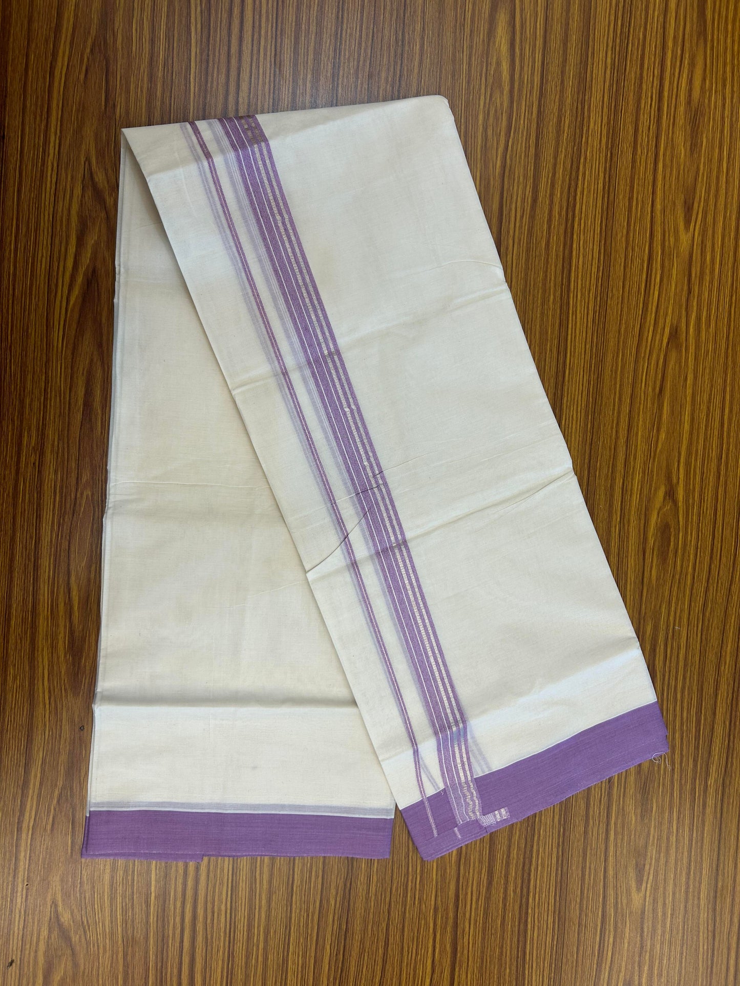 20% Discount ! KaithariKada Balaramapuram 100% Cotton Double Off White (unbleached) Mundu/Dhoti - 100x80 - 1.5 inch Silver Kasav & Pearly Lavender Striped Kara 4 mtr (8.5 muzham) - 151 KK5361 PMC