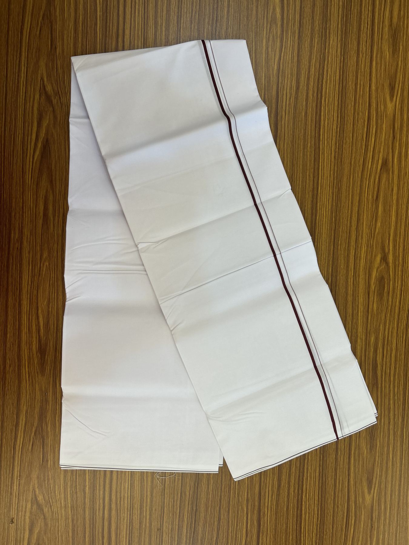 20% Discount !! KaithariKada Wrinkle Free Mercerised Cotton Pure White Single Mundu/Dhoti- (40s) - 0.25 cm Dark Maroon Kara (2 meter / 4 muzham) - 27 KK5336 UAT