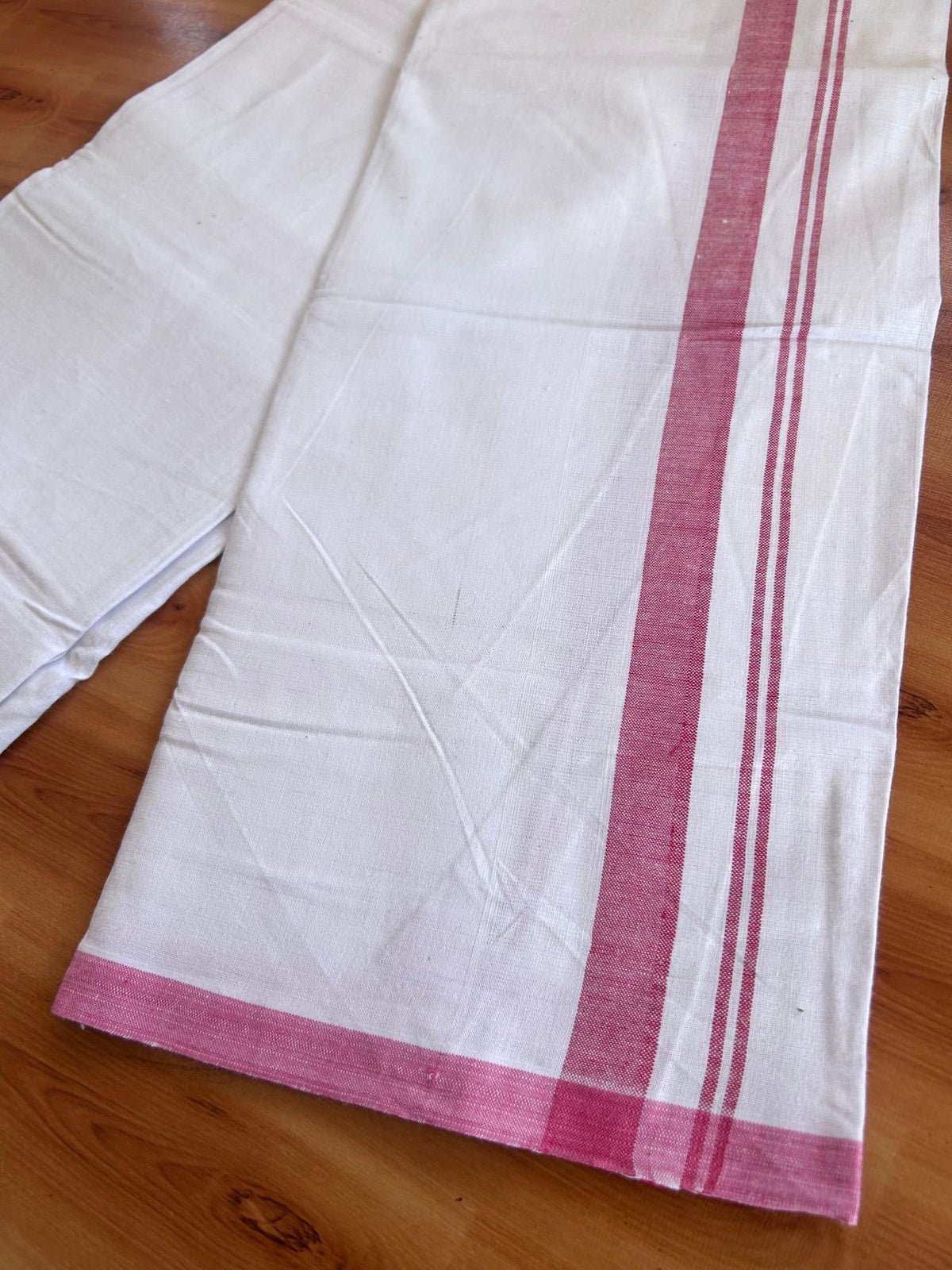 Kerala Handloom - Signature Kaitharikada - 100% Pure Cotton 2/40sx26s Thread - Light White Single Mundu / Dhoti - 1.25 inch Dark Rose Pink Shaded Striped Kara - (2 meter / 4 muzham) - 28 KK8080 KAL