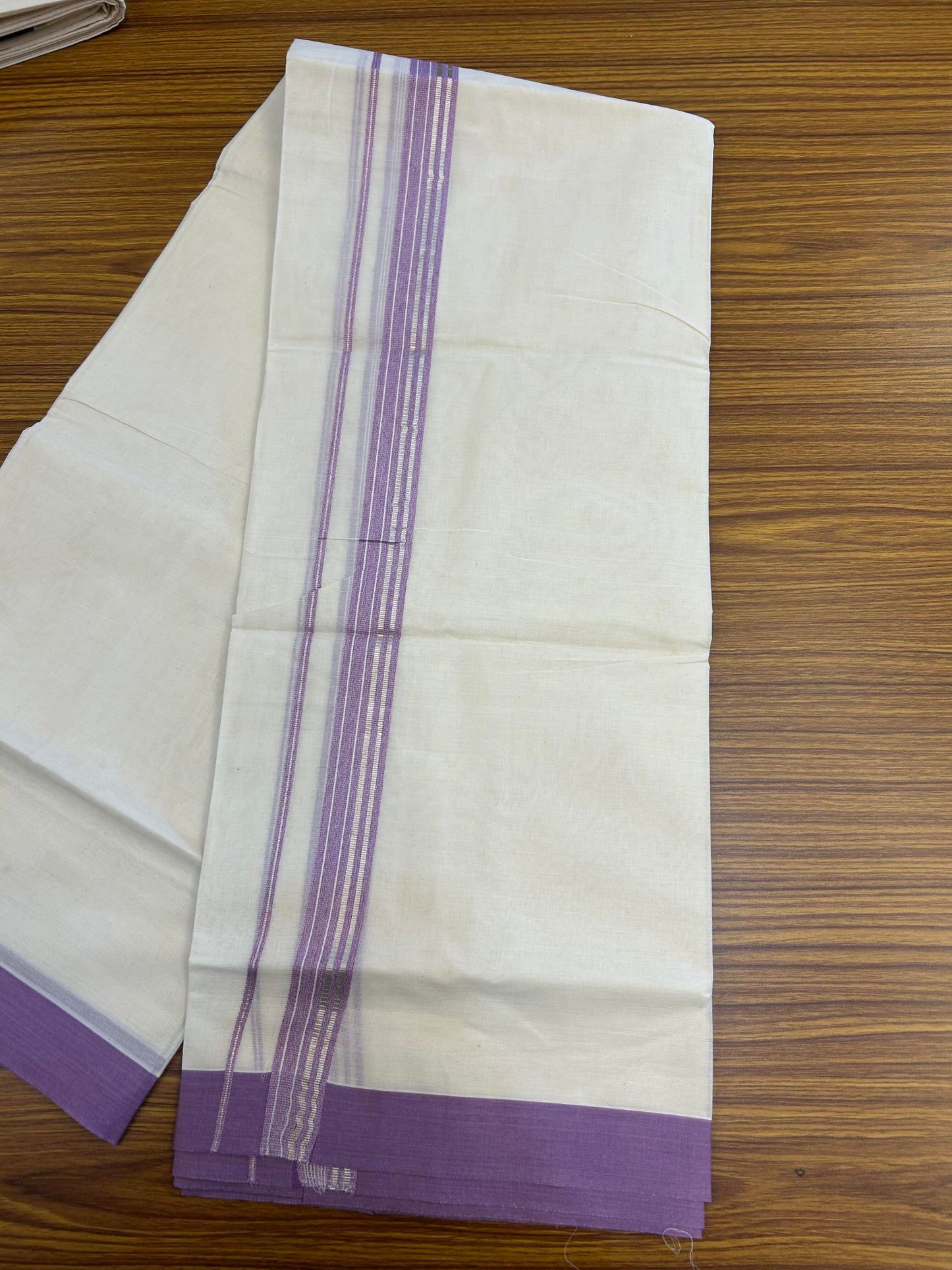 20% Discount ! KaithariKada Balaramapuram 100% Cotton Double Off White (unbleached) Mundu/Dhoti - 100x80 - 1.5 inch Silver Kasav & Pearly Lavender Striped Kara 4 mtr (8.5 muzham) - 151 KK5361 PMC