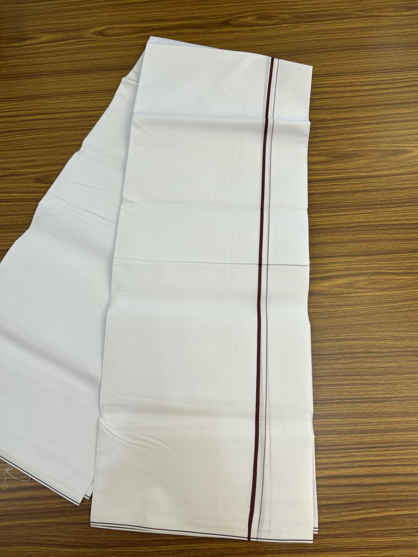 20% Discount !! KaithariKada Wrinkle Free Mercerised Cotton Pure White Single Mundu/Dhoti- (40s) - 0.25 cm Dark Maroon Kara (2 meter / 4 muzham) - 27 KK5336 UAT