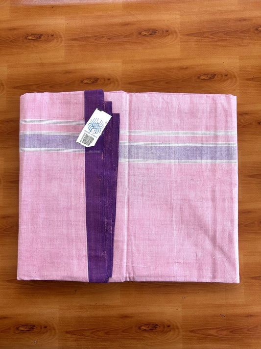 Kerala Handloom - Signature Kaitharikada - 100% Pure Cotton 2/60x40s Thread - Single Mundu / Dhoti - 1 inch Violet Shaded Striped Kara with Baby Pink colour Body (2 meter / 4 muzham) - 11 KK8080 KAL