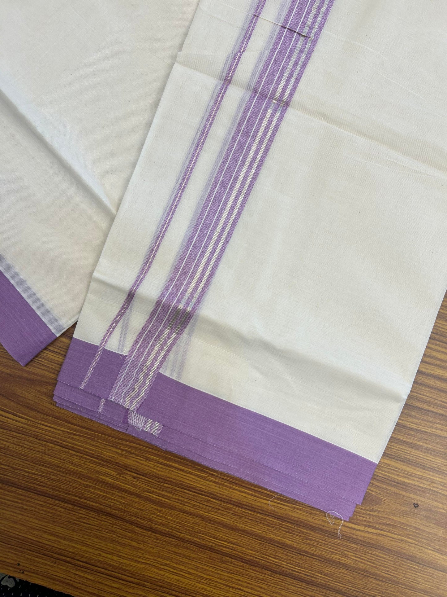 20% Discount ! KaithariKada Balaramapuram 100% Cotton Double Off White (unbleached) Mundu/Dhoti - 100x80 - 1.5 inch Silver Kasav & Pearly Lavender Striped Kara 4 mtr (8.5 muzham) - 151 KK5361 PMC