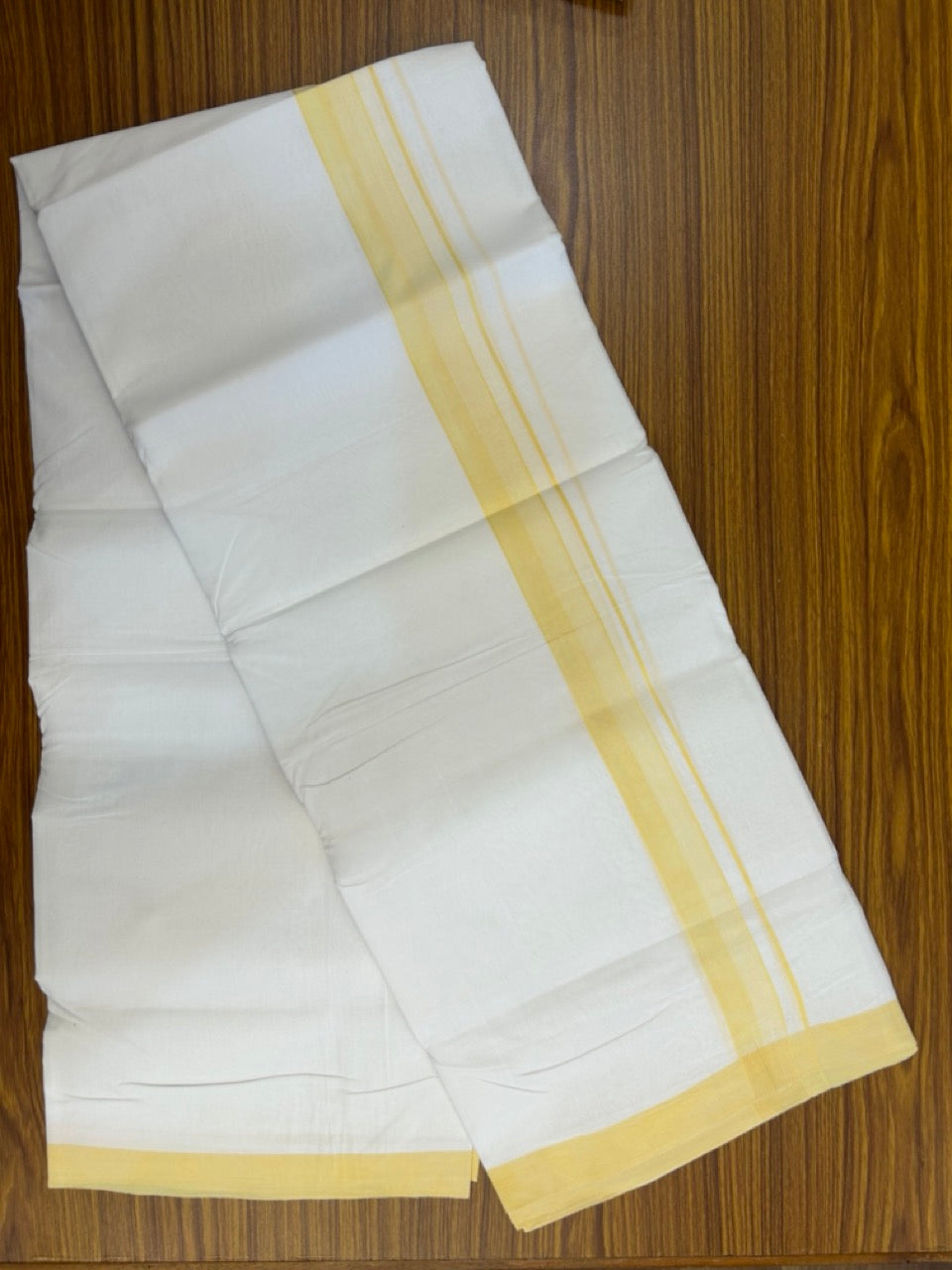 KaithariKada Handloom Millpaav Balaramapuram - 100% Pure Cotton Double Mundu/Dhoti Pure white - 80x90 - 1.25 inch Yellow shaded striped Kara 4 mtr (8.5 Muzham) - 16 KK5263 YAR
