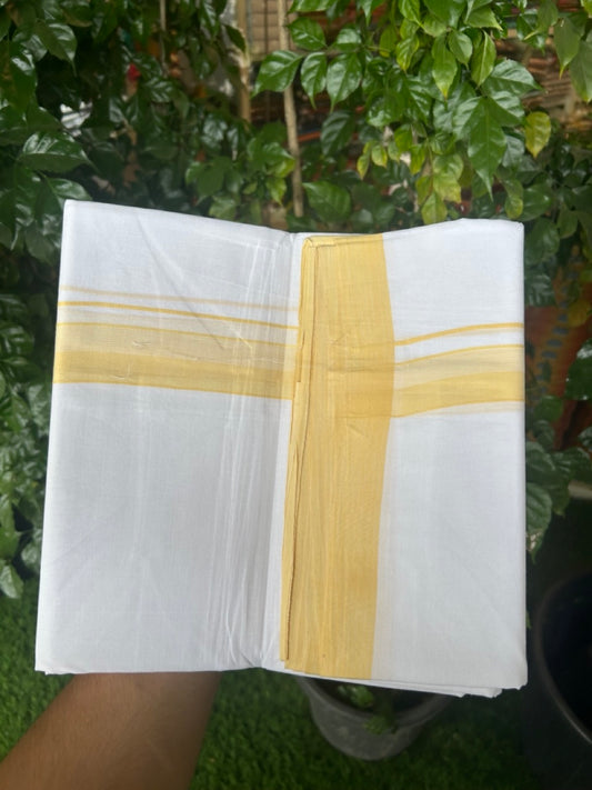 KaithariKada Handloom Millpaav Balaramapuram - 100% Pure Cotton Double Mundu/Dhoti Pure white - 80x90 - 1.25 inch Yellow shaded striped Kara 4 mtr (8.5 Muzham) - 16 KK5263 YAR