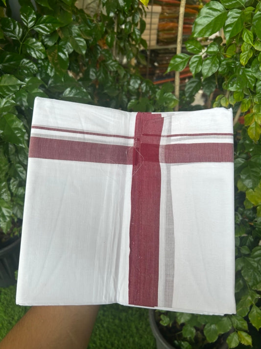 KaithariKada Handloom Millpaav Balaramapuram - 100% Pure Cotton Double Mundu/Dhoti Pure white - 80x90 - 1 inch Maroon Mulloth Kara 4 mtr (8.5 Muzham) - 3 KK5263 YAR