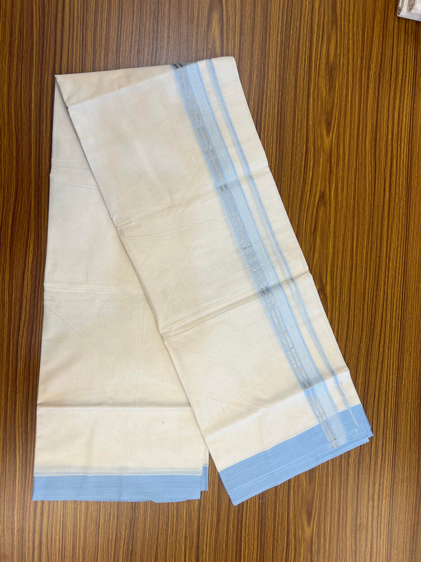 20% Discount ! KaithariKada Balaramapuram 100% Cotton Double Off White (unbleached) Mundu/Dhoti - 100x80 - 1.5 inch Silver Kasav & Sky Blue Striped Kara 4 mtr (8.5 muzham) - 146 KK5361 PMC