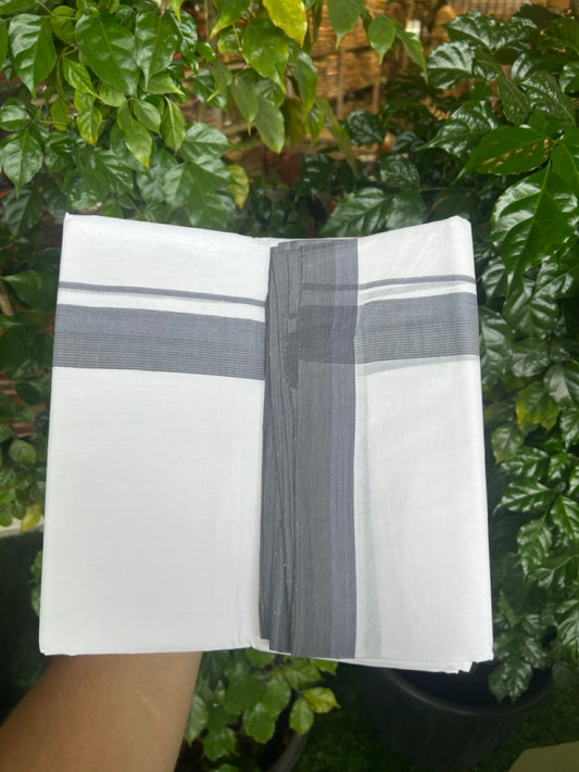 KaithariKada Handloom Millpaav Balaramapuram - 100% Pure Cotton Double Mundu/Dhoti Pure white - 80x90 - 1.5 inch Ash blue shaded striped Kara 4 mtr (8.5 Muzham) - 14 KK5263 YAR