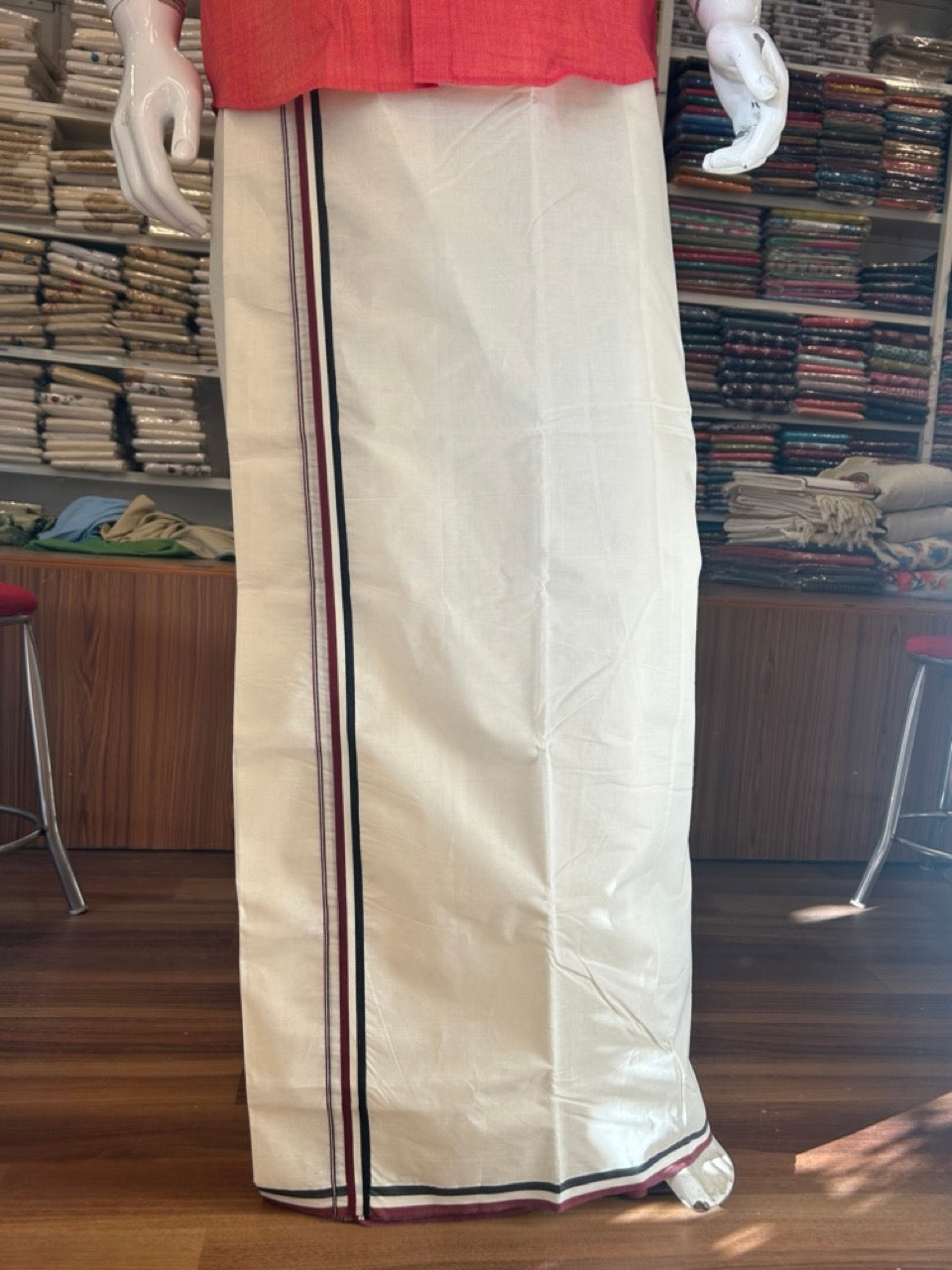 ADMK VESHTI - 23% DISCOUNT! KaithariKada 100% Cotton off white Double - (Unbleached) Mundu/Dhoti - 100X100 - 1 inch Black White & Maroon kara - 1KK5076ASH