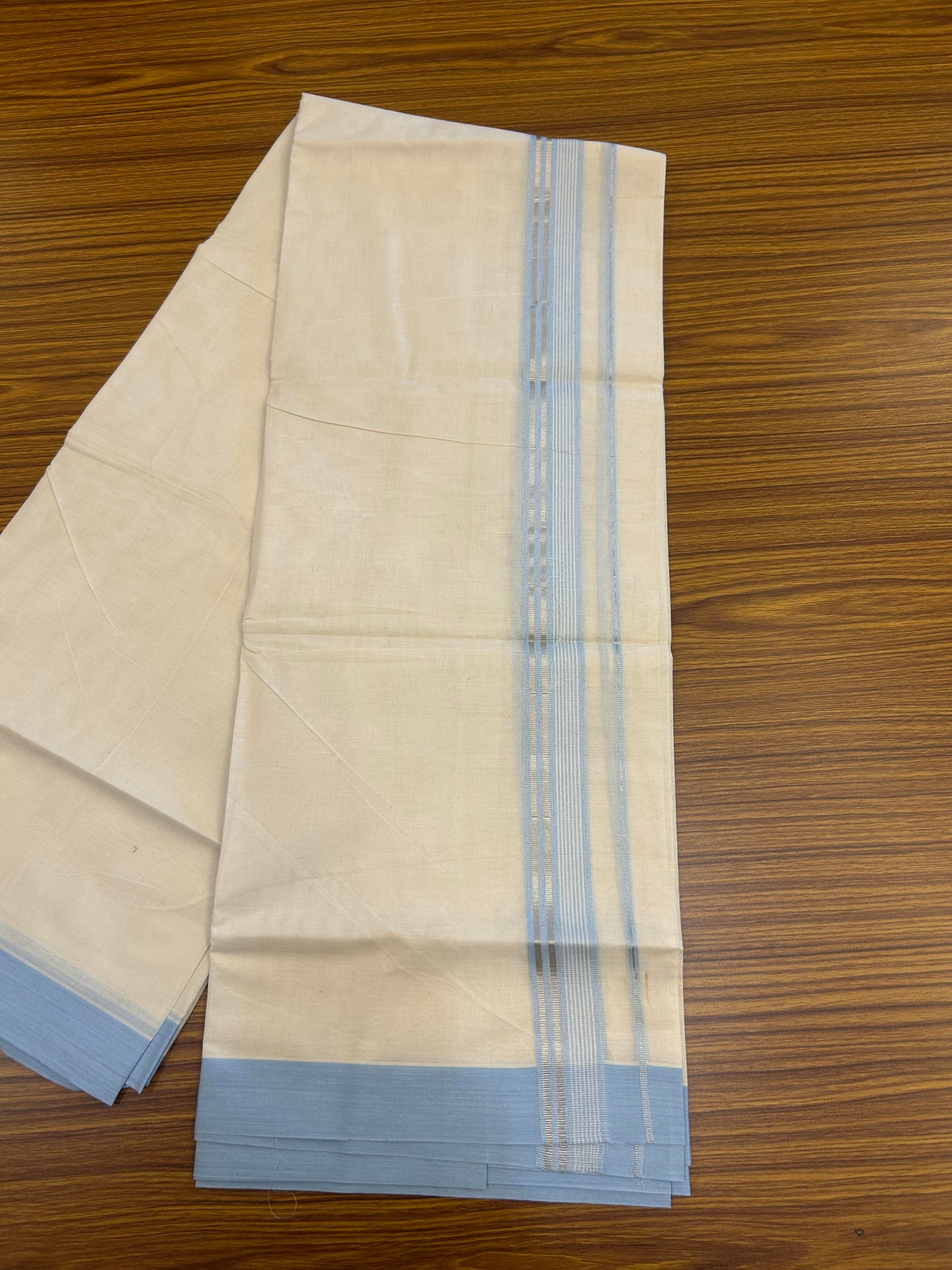 20% Discount ! KaithariKada Balaramapuram 100% Cotton Double Off White (unbleached) Mundu/Dhoti - 100x80 - 1.5 inch Silver Kasav & Sky Blue Striped Kara 4 mtr (8.5 muzham) - 146 KK5361 PMC