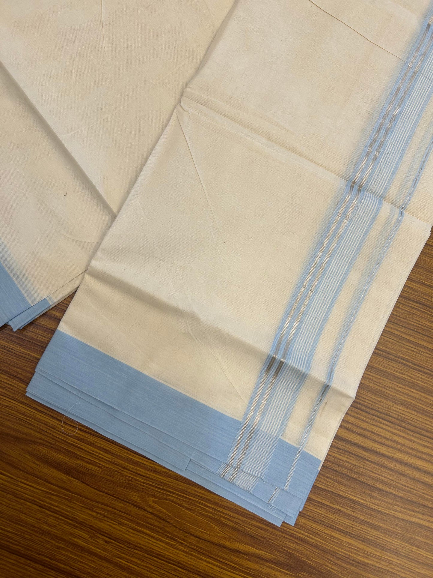 20% Discount ! KaithariKada Balaramapuram 100% Cotton Double Off White (unbleached) Mundu/Dhoti - 100x80 - 1.5 inch Silver Kasav & Sky Blue Striped Kara 4 mtr (8.5 muzham) - 146 KK5361 PMC