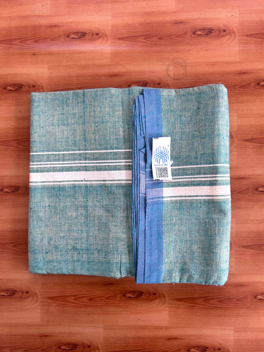 Kerala Handloom - Signature Kaitharikada - 100% Pure Cotton 2/60x40s Thread - Single Mundu / Dhoti - 1.25 inch Light Yellow Shaded Striped Kara with Green & Light Yellow colour Body (2 meter / 4 muzham) - 8 KK8080 KAL