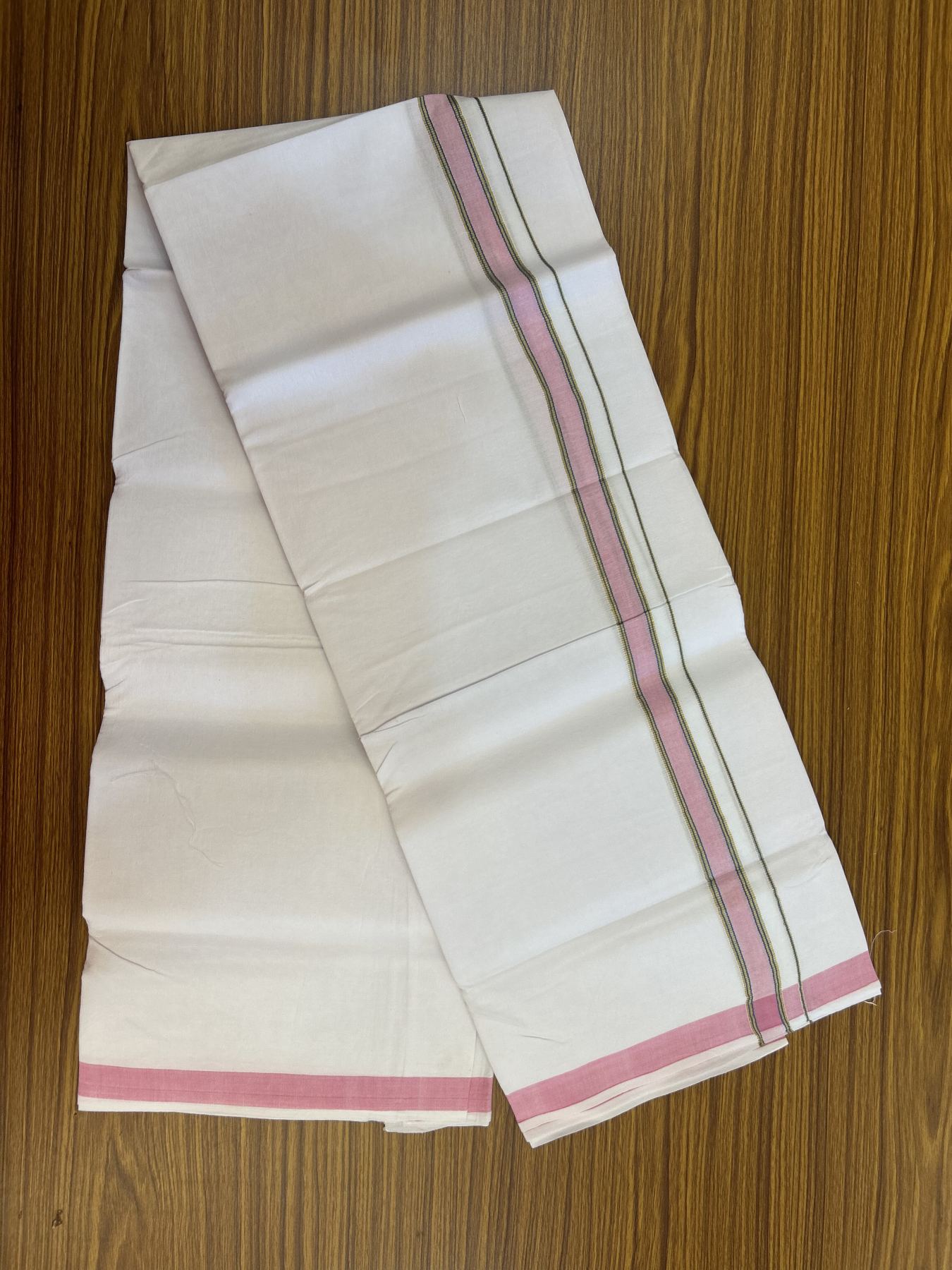 25% Discount ! KaithariKada 100% Cotton Kerala Handloom Single Pure White Mundu/Dhoti - 0.75 inch Pink & Blue Kasav Striped Kara (2 meter / 4 muzham) - 9 KK5336 KAI