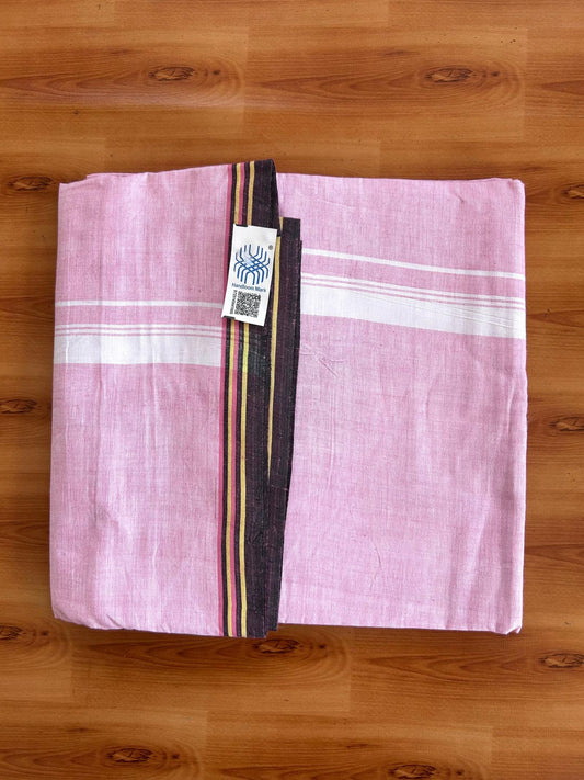 Kerala Handloom - Signature Kaitharikada - 100% Pure Cotton 2/60x40s Thread - Single Mundu / Dhoti - 1 inch White Shaded Striped Kara with Baby Pink colour Body (2 meter / 4 muzham) - 10 KK8080 KAL